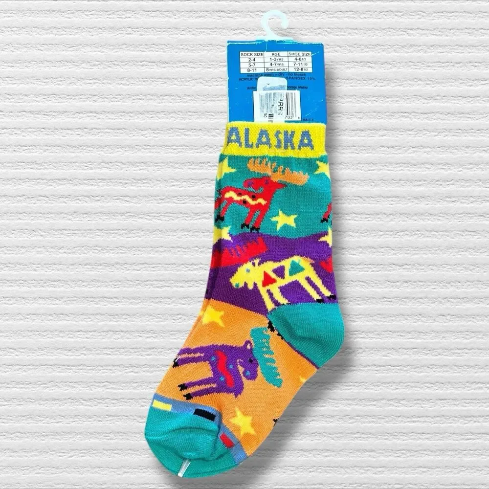 Vintage Alaska Moose Kids Crew Socks Colorful Wildlife Print Size 2–4 90s Y2K